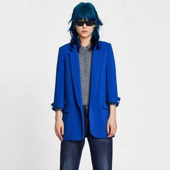 Zara Jackets & Blazers - Zara Blazer Cobalt Blue Womens Size Medium Preppy Bold Open Front Workwear